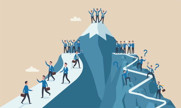 Success illustration,meeting teams together flat design with clean lines and minimal shading business concept, businessmen compete easy and hard way to climb mountain