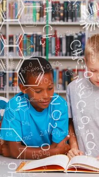 Vertical video: Two boys studying science in library, gray boy pointing, creating diagrams on book