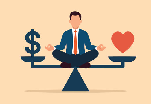 Work life balance, balancing between career to make money and personal life to enjoy with yourself or family concept, success businessman meditate on seesaw balance with money and heart symbol