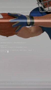 Male sports player diving left to catch ball after ball entry, code or ruler overlays tracking motio