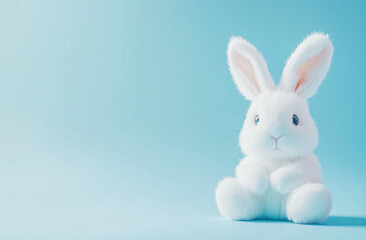 Obraz premium Cute White Bunny Plush Sitting on Pastel Blue Background — Fluffy Easter Toy and Cuddly Rabbit