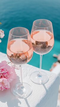 Cold rose Provencal wine in glass served in sunlights on outdoor terrace with view on old fisherman's harbour. Luxury concept winery or restaurant design. Seaside vacation holiday, happy mood