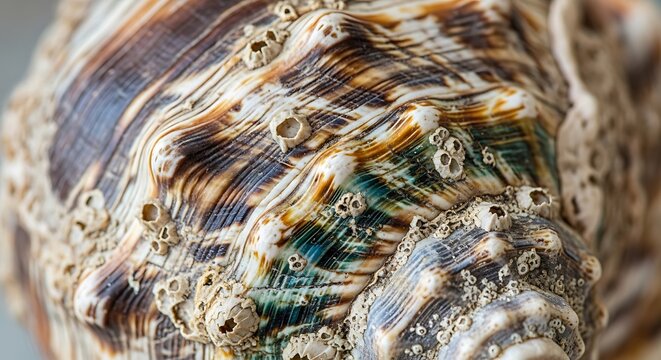 Close-up of a weathered, striped seashell with textured surface, barnacles attached