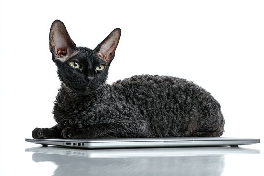 A sleek Devon Rex cat perches upon a metallic surface. Its captivating eyes exude an air of curiosity, the subject has been captured with precision, highlighting every detail.