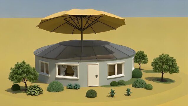 A Conceptual Digital Illustration Depicting Household Insurance Protection for a Residential Dwelling Rendered in an Isometric Cartoon Style Showing a Home Sheltered Under an Umbrella on a Vibrant Ye
