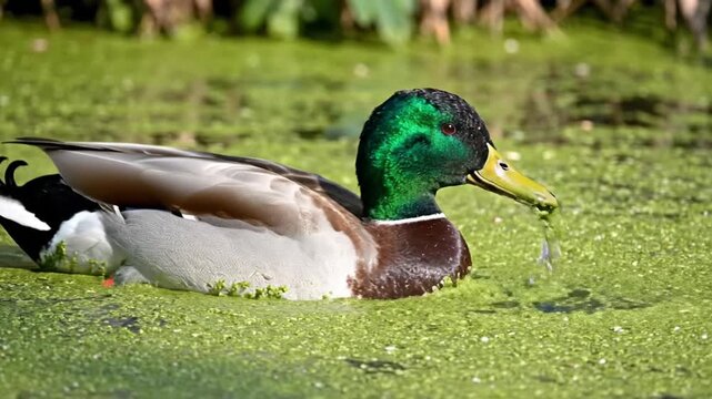 Male mallard duck swimming in green duckweed covered pond water