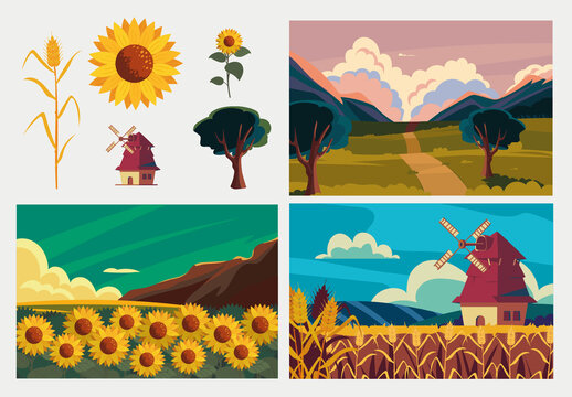 Rural landscape Illustration Design Set