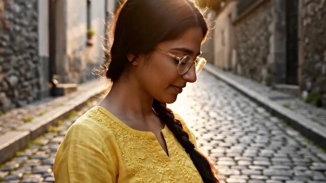A thoughtful young person performs a graceful, traditional gesture of respect or greeting on a charming cobblestone street. Bathed in the soft, golden light of morning or late afternoon, the scene evo
