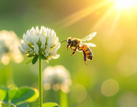 white clover flower with a honeybee pollinating,_fresh green meadow background,