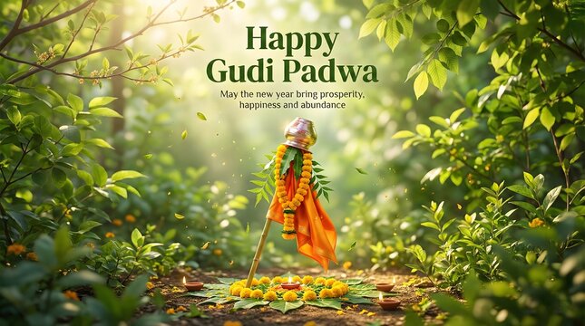 Happy gudi padwa celebration with colorful floral decorations in green forest