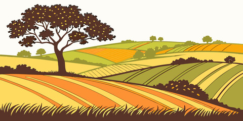 A tree stands alone in a field of rolling hills and farmland Vector © nalu