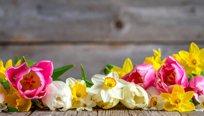 Obraz premium Close-up of pink tulips and yellow daffodils with green leaves on a weathered wooden surface