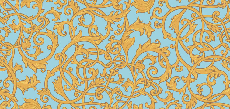 Baroque style seamless vector pattern with elegant golden scrolls and ornate decorative curves. Classic luxury art inspired by antique European design, perfect for wallpaper, textiles, home decor.
