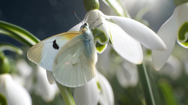 stunning snowdrops in spring and a butterfly

