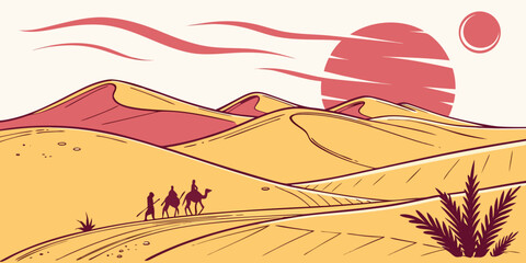 A serene desert landscape at sunset with sandy dunes and sparse vegetation Vector © nalu