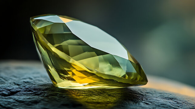 Side angle of chrysoberyl gemstone showing silky chatoyancy line 