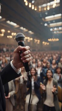 Close-up of a hand holding a microphone against the background of blurred people in a conference room

