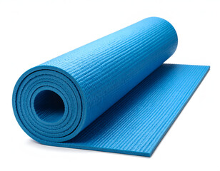 Rolled blue fitness mat with textured surface