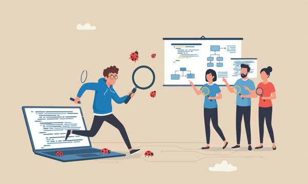 Programmin concept or meeting teams together software tester running from computer laptop using debugging tools to catch ladybugs