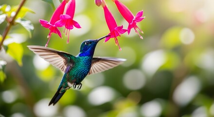 Obraz premium Hummingbird feeding on vibrant pink flowers in a lush garden