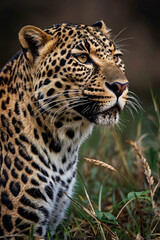 Obraz premium A portrait of a leopard looking forward with a calm but intense gaze against a blurred natural background