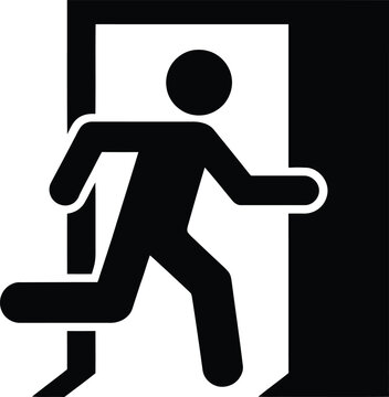 Person running out of a doorway symbolizing emergency exit or evacuation procedure in simple black and white graphic design