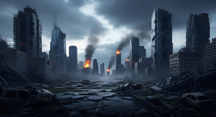 Fototapeta premium Post-apocalyptic cityscape with destroyed buildings and burning skyscrapers