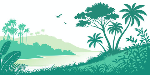 A serene tropical landscape with palm trees and a body of water Vector © nalu