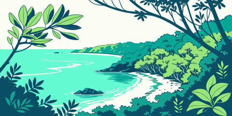 A serene tropical island scene with lush greenery and turquoise water Vector © nalu