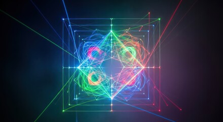 Obraz premium Abstract geometric composition with vibrant light patterns on dark background
