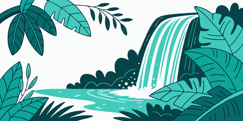 A serene waterfall surrounded by lush greenery and foliage in a natural setting Vector © nalu