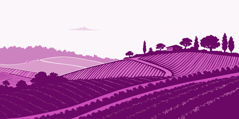 Naklejka premium A purple landscape of a countryside with trees and rolling hills Vector