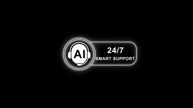 A i smart support 24/7 chatbot interface with glowing neon on black background artificial intelligence