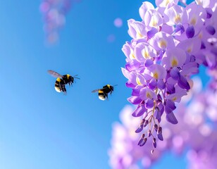 delicate wisteria flowers hanging from above,_soft spring sunlight