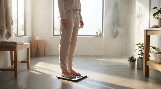 Low angle shot of a person standing barefoot on a digital weighing scale in a bright modern bathroom wearing comfortable sleepwear