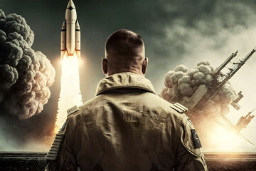 Obraz premium Soldier in front of a ballistic missile launch. Neural network AI generated art