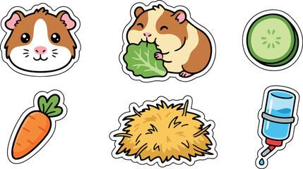 Cute sticker sheet vector with smiling guinea pig head, eating guinea pig, carrot, cucumber, hay pile and water bottle kawaii