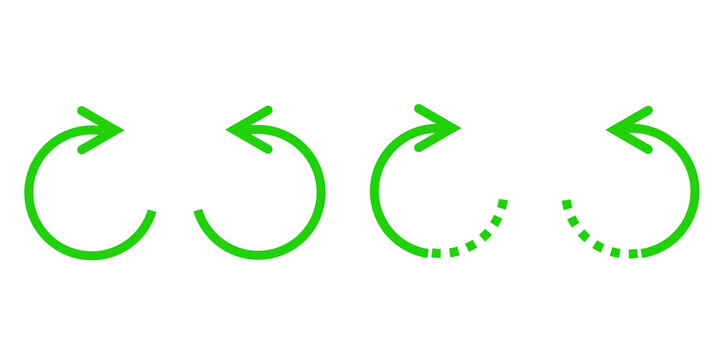 set of minimalist green line icons featuring clockwise and counter-clockwise circular arrows representing refresh, reload, undo, and redo actions.