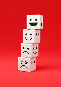 White cubes with different smiling and frowning faces stacked on red