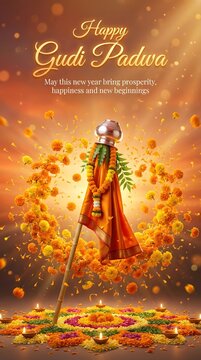 Happy gudi padwa celebration with traditional indian decorations and floral patterns