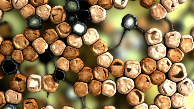 Spherical cell clusters connected by filamentous strands on background.
