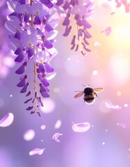 delicate wisteria flowers hanging from above,_soft spring sunlight