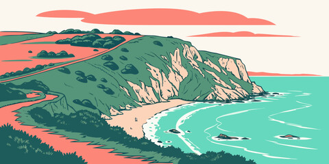 A serene coastal landscape with a sandy beach and green hills Vector © Sa