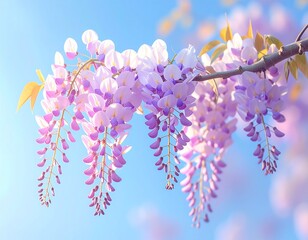 delicate wisteria flowers hanging from above,_soft spring sunlight