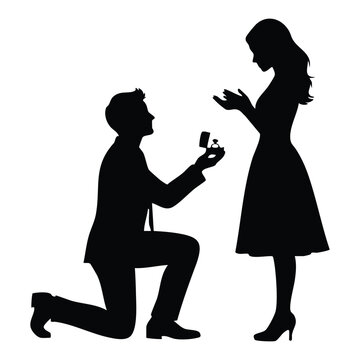 Silhouette of a man proposing marriage to a woman with hearts, white background