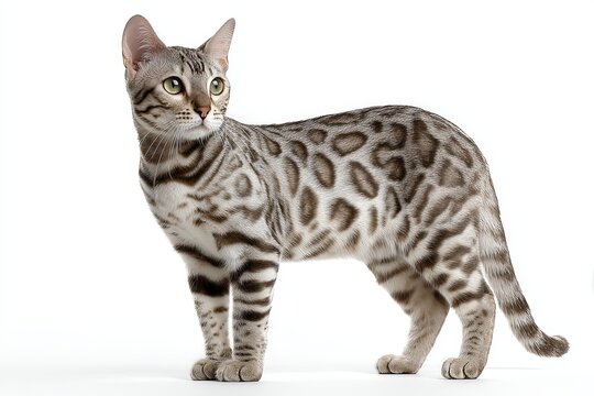 A striking bengal cat with its rosette coat, poses gracefully. it is a photorealistic shot.