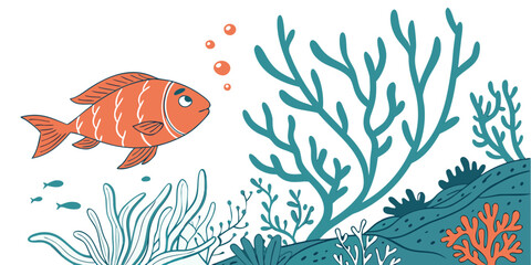 A small orange fish swims near some seaweed Vector © Sa