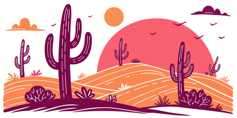 A desert landscape with cacti and a sunset Vector © Sa