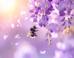 delicate wisteria flowers hanging from above,_soft spring sunlight