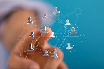 Hand touching network of people. Social media connection and business relationships concept. Global communication.